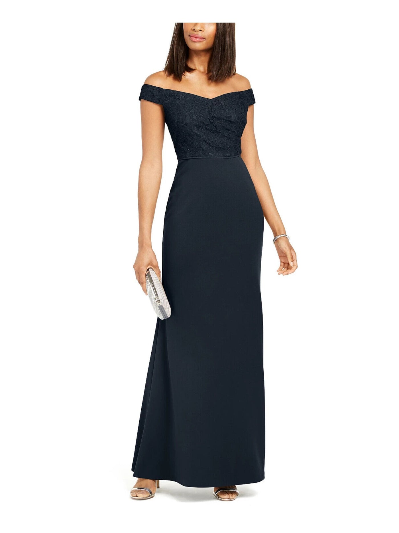 ADRIANNA PAPELL Womens Navy Lace Zippered Off Shoulder Full-Length Formal Dress 2