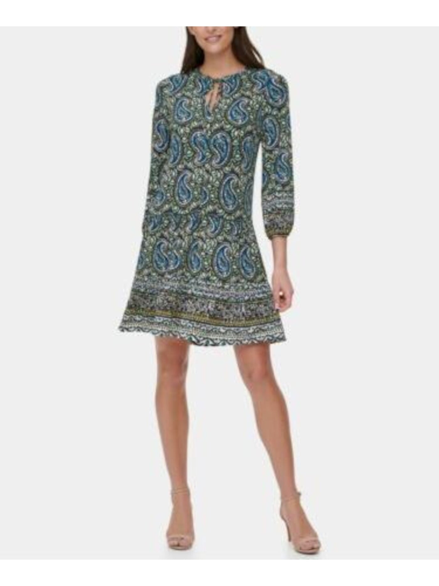 TOMMY HILFIGER Womens Blue Stretch Paisley 3/4 Sleeve Tie Neck Above The Knee Wear To Work Fit + Flare Dress Plus 18W