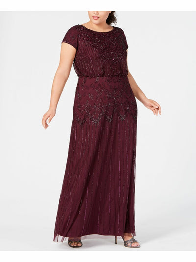 ADRIANNA PAPELL Womens Burgundy Beaded Embellished Short Sleeve Scoop Neck Full-Length Evening Blouson Dress 4