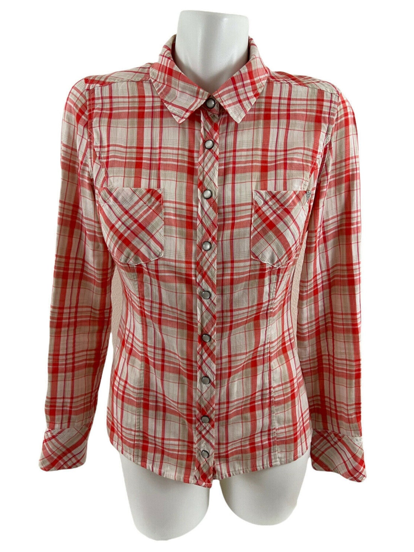 GUESS Womens Coral Vintage Look Plaid Collared Button Up Top S