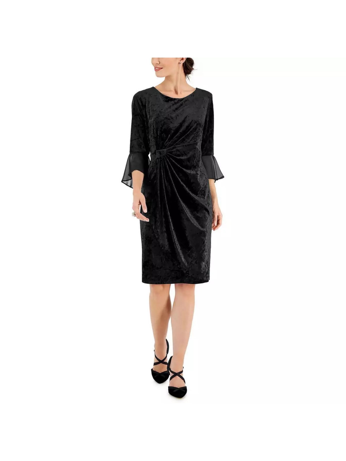 CONNECTED APPAREL Womens Black Pleated Draped Skirt Flounce Cuffs 3/4 Sleeve Jewel Neck Knee Length Party Sheath Dress 6