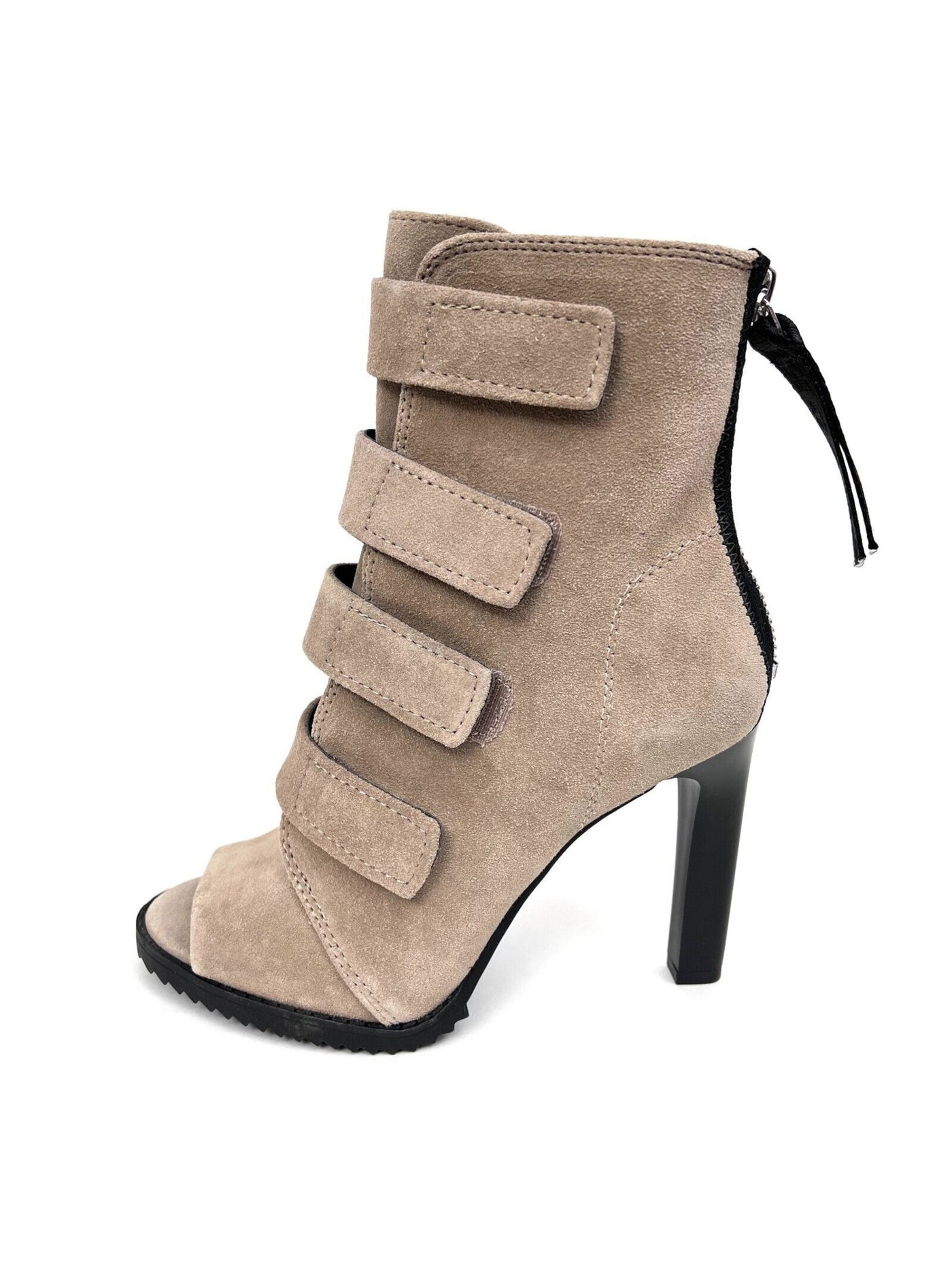 DKNY Womens Beige Hook & Loop Logo Tassle Padded Strappy Blake Peep Toe Stiletto Zip-Up Suede Heeled Boots 6.5 M