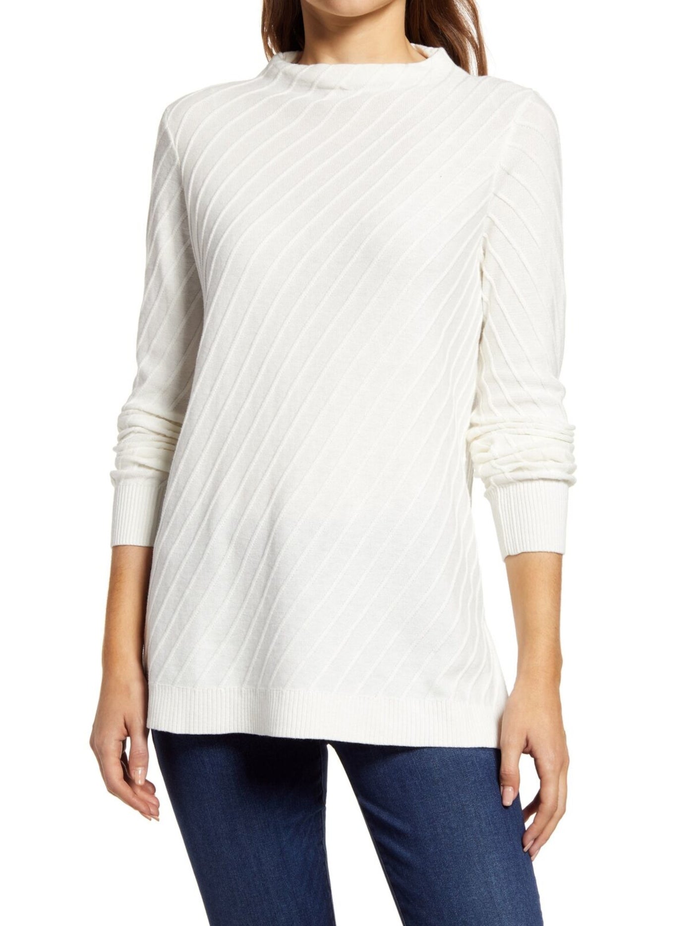 VINCE CAMUTO Womens Ivory Ribbed Split Hems Long Sleeve Mock Neck Wear To Work Top L