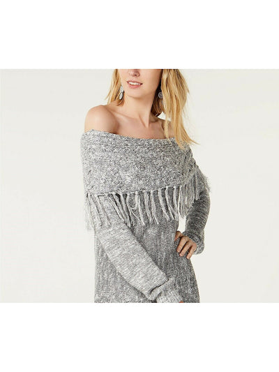 INC Womens Silver Frayed Heather Long Sleeve Off Shoulder Sweater S