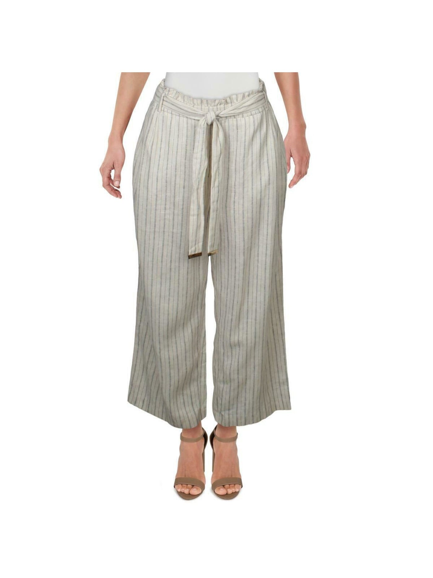 CALVIN KLEIN Womens Beige Gathered Tie Mid Rise Linen Paperbag Striped Wear To Work Cropped Pants XL