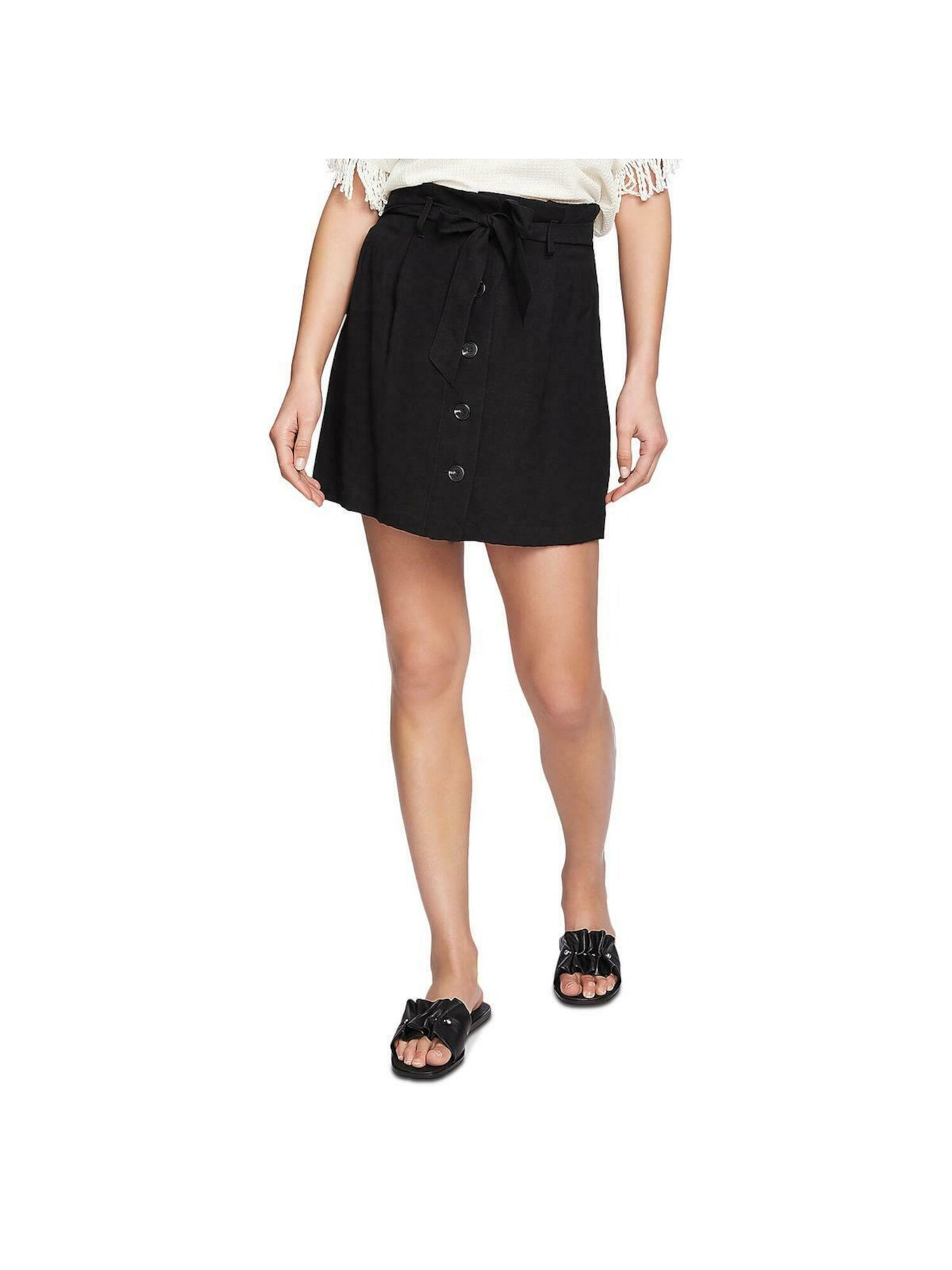 1. STATE Womens Black Button-up Tie-front Belt Mini A-Line Skirt Size: 4