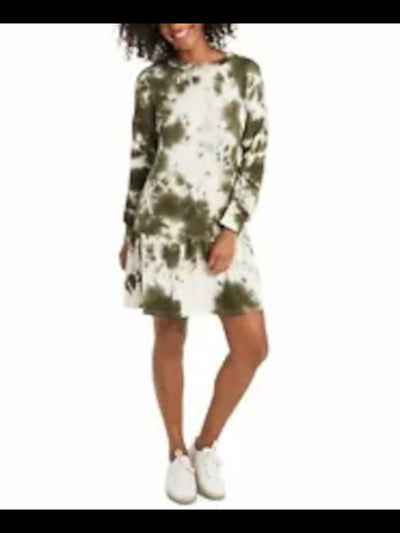 1. STATE Womens Green Tie Dye Long Sleeve Crew Neck Above The Knee Shift Dress L