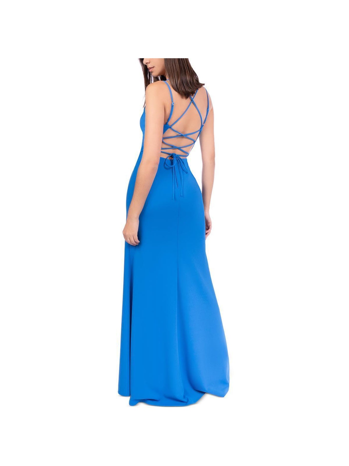 B DARLIN Womens Blue Zippered Lined Lace-up Open Back Thigh-hi Slit Spaghetti Strap V Neck Full-Length  Gown Prom Dress Juniors 3\4