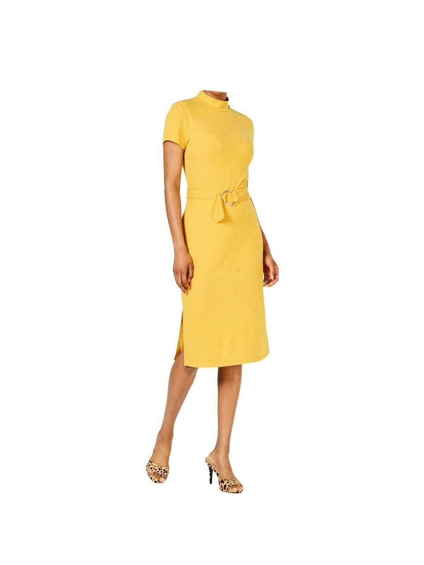 ULTRA FLIRT Womens Yellow Belted Short Sleeve Turtle Neck Midi Sheath Dress L