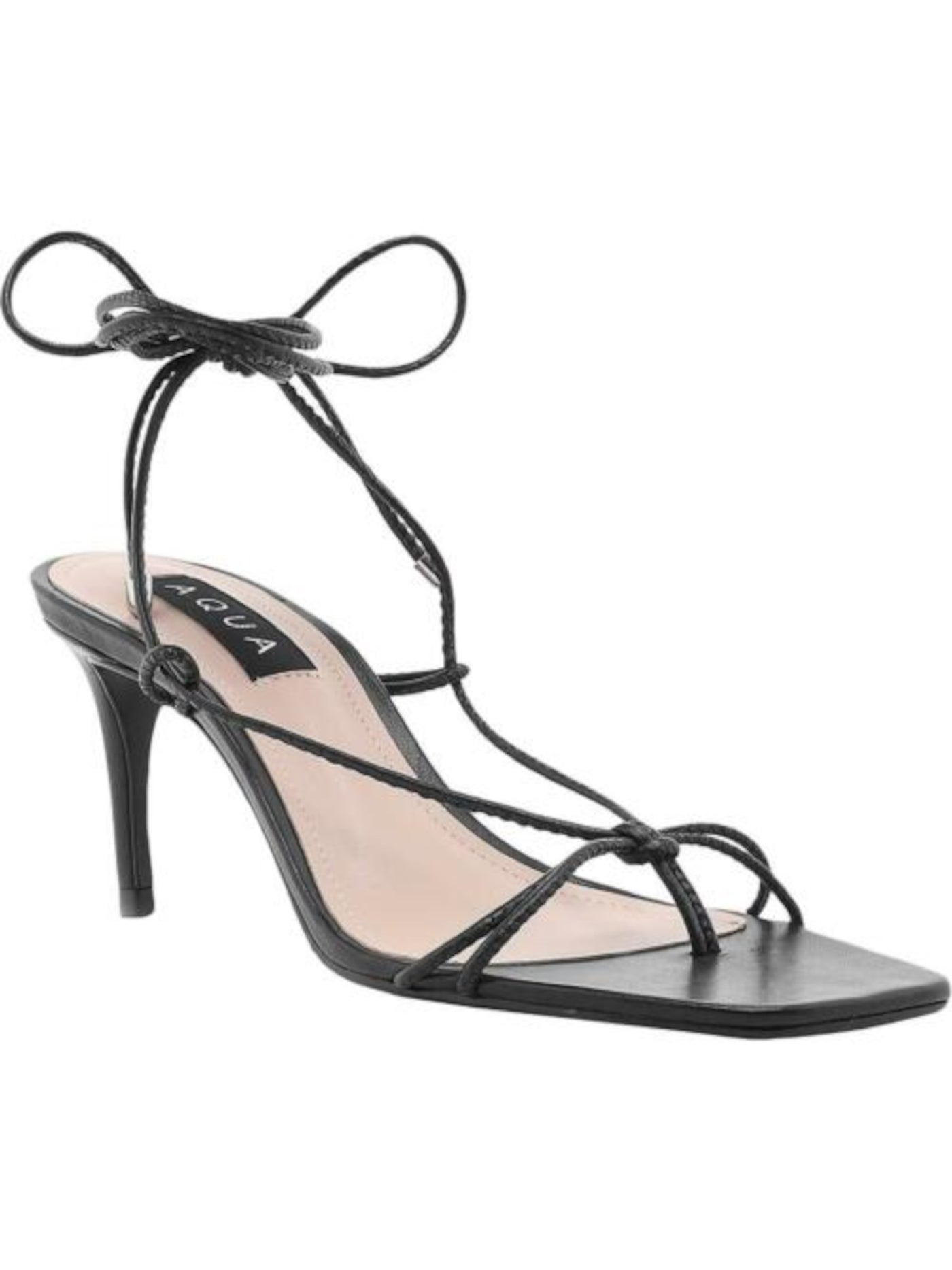 AQUA Womens Black Toe-Loop Strappy Padded Dirlene Square Toe Kitten Heel Lace-Up Leather Dress Sandals Shoes 8 B