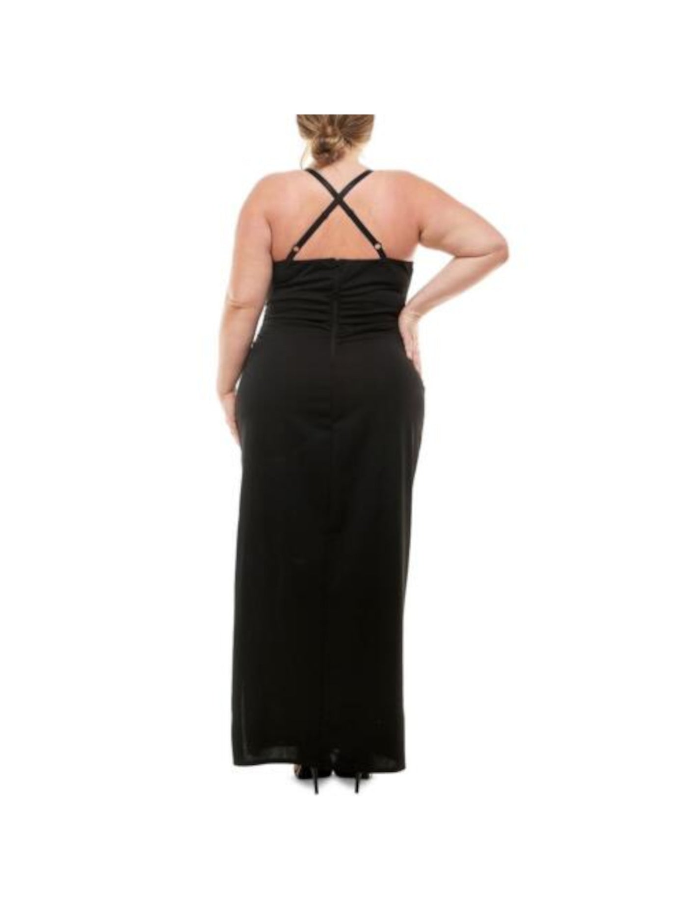 EMERALD SUNDAE Womens Black Zippered Adjustable Lined Ruched Hi Slit Spaghetti Strap V Neck Full-Length Body Con Dress Plus 24
