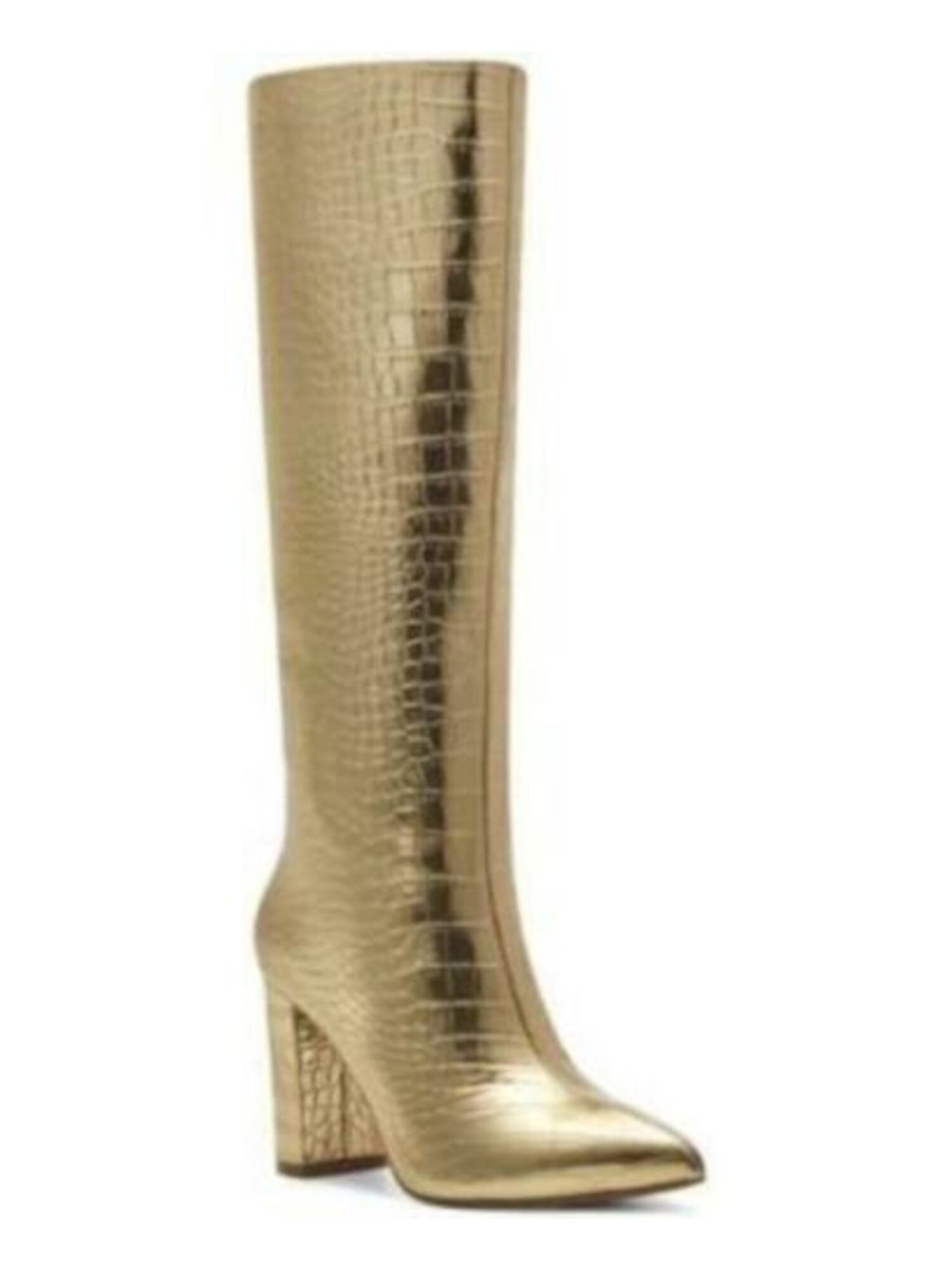 INC Womens Gold Animal Print Pointed Toe Block Heel Zip-Up Dress Boots 10.5