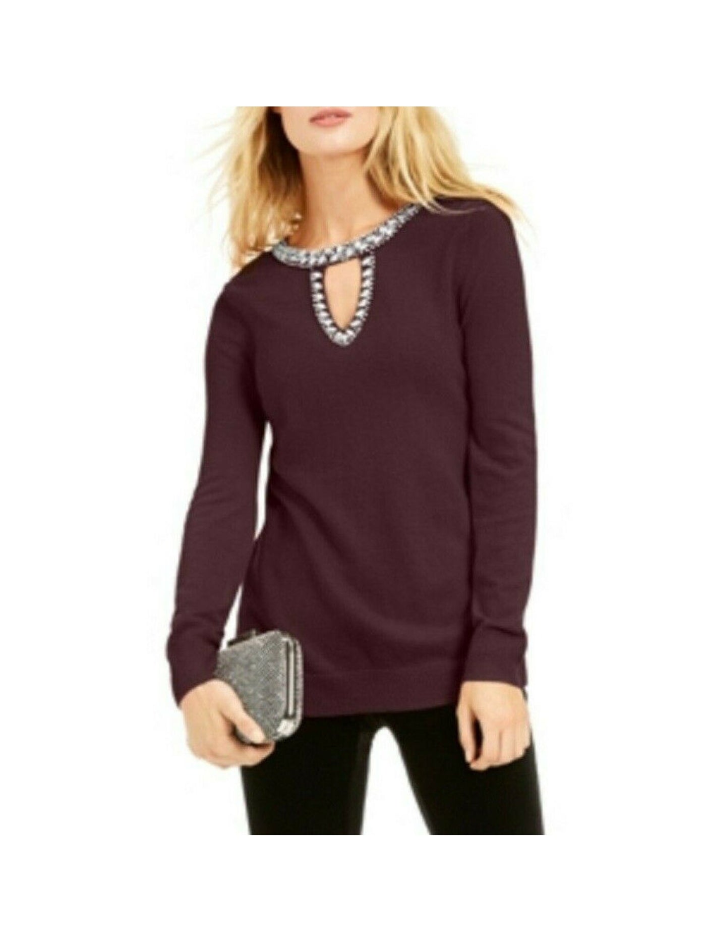 INC Womens Maroon Embellished Heather Long Sleeve Keyhole Sweater XS