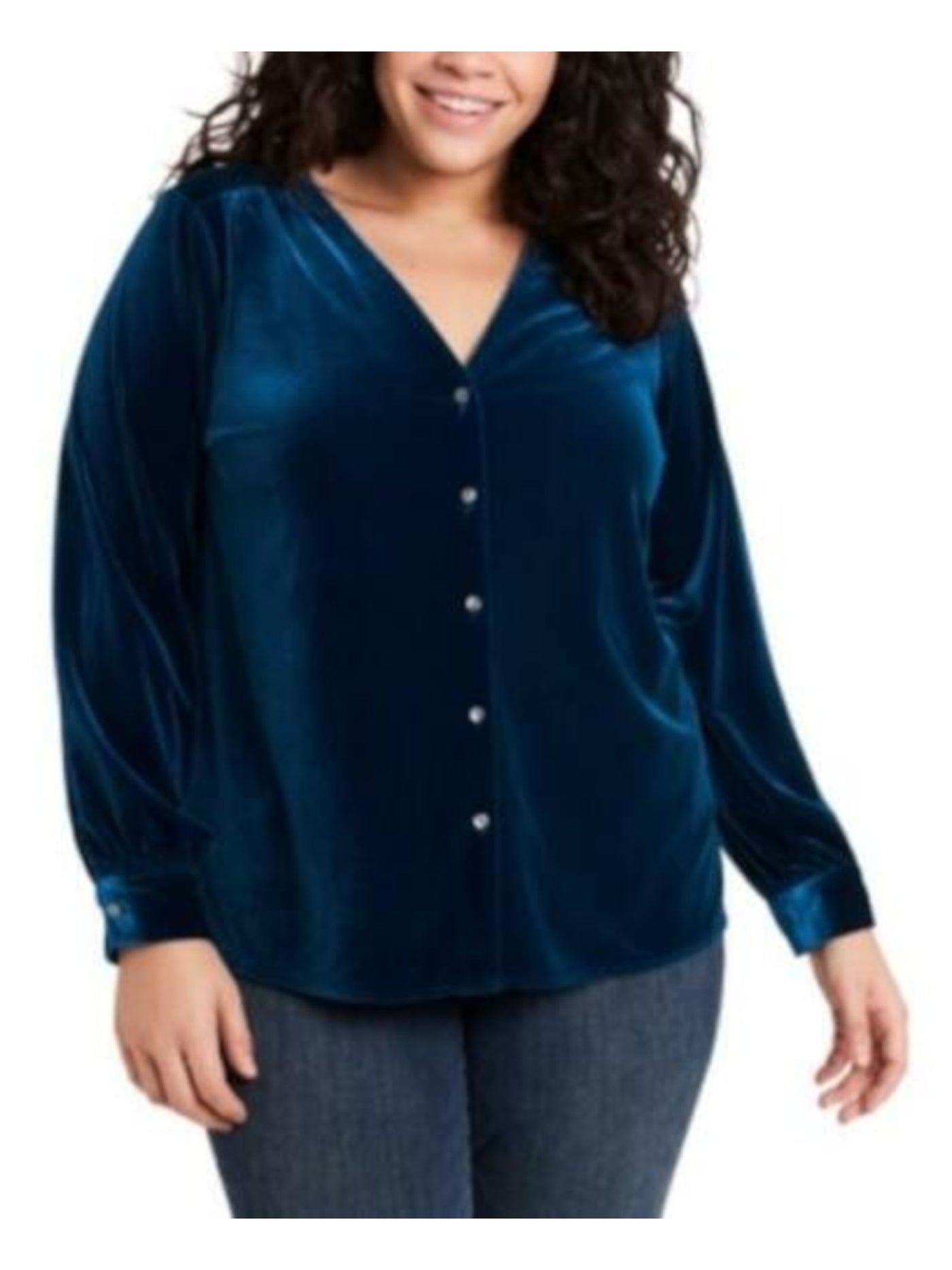 1. STATE Womens Teal Stretch Long Sleeve V Neck Button Up Top Plus 0X