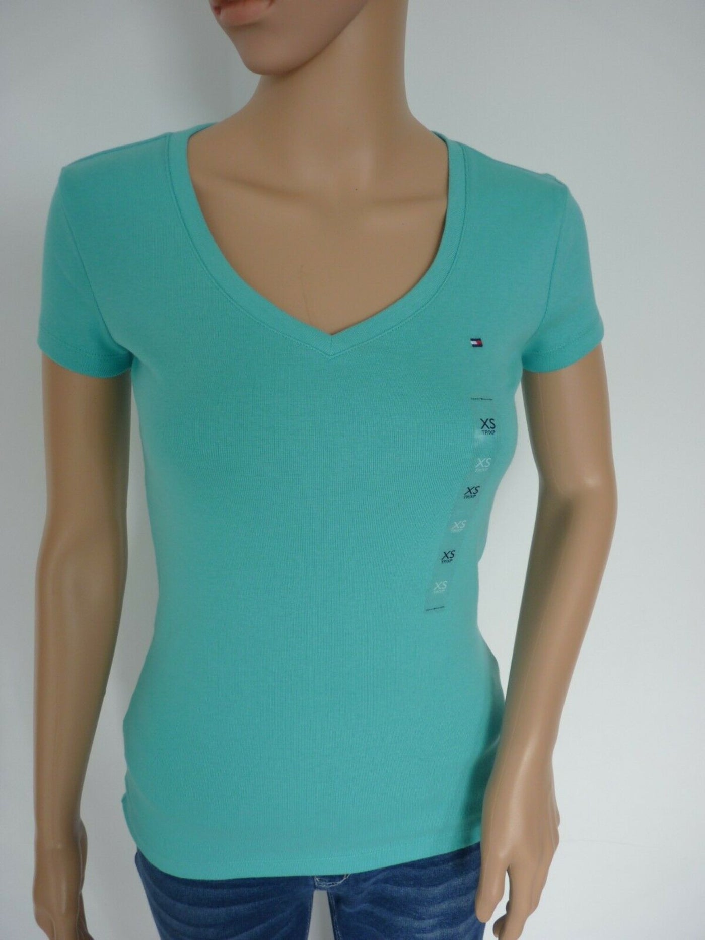 TOMMY HILFIGER Womens Turquoise Embroidered Short Sleeve V Neck T-Shirt XS