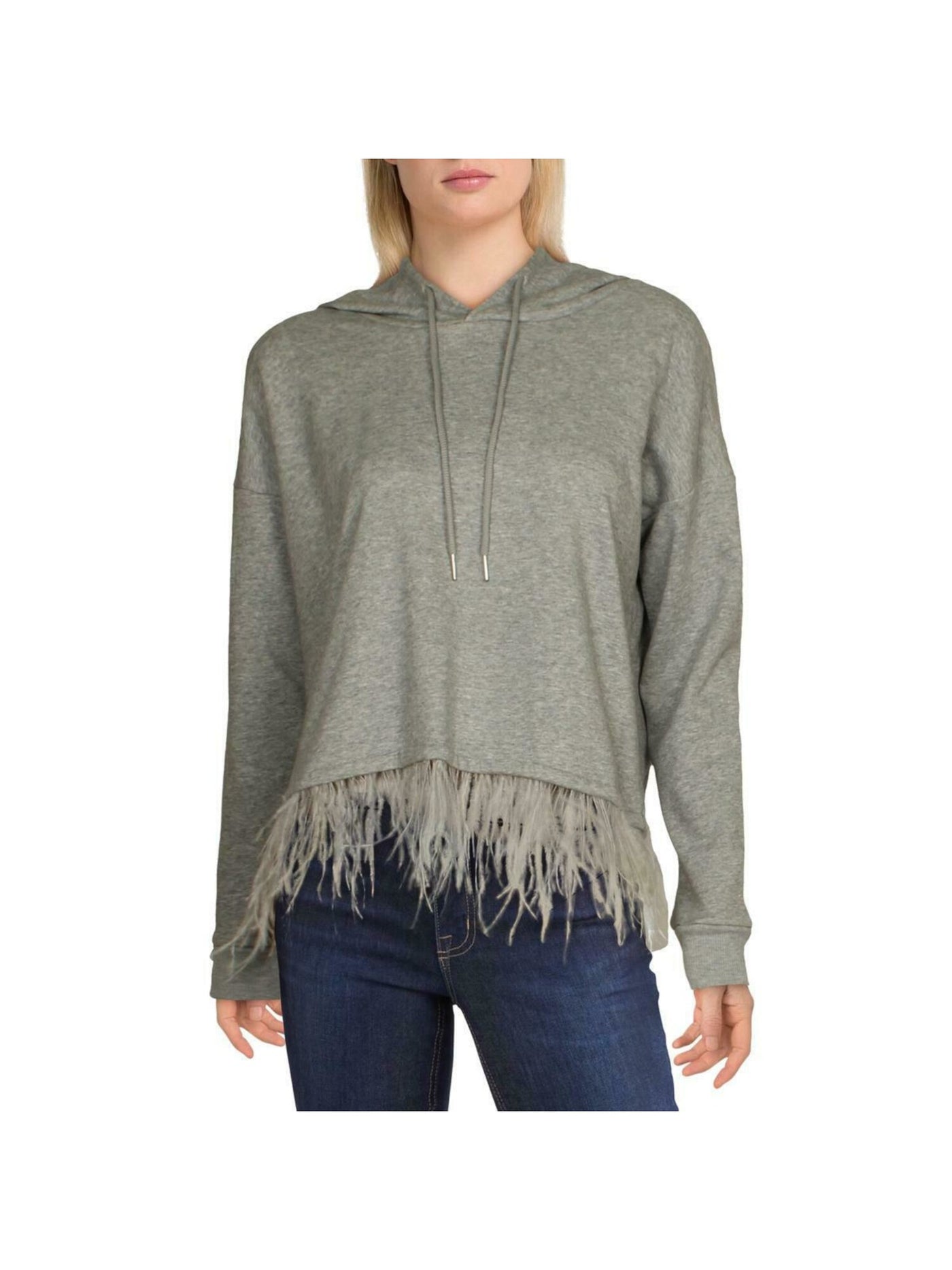 AQUA Womens Gray Feather-trim Pullover Heather Long Sleeve Hoodie Top XS