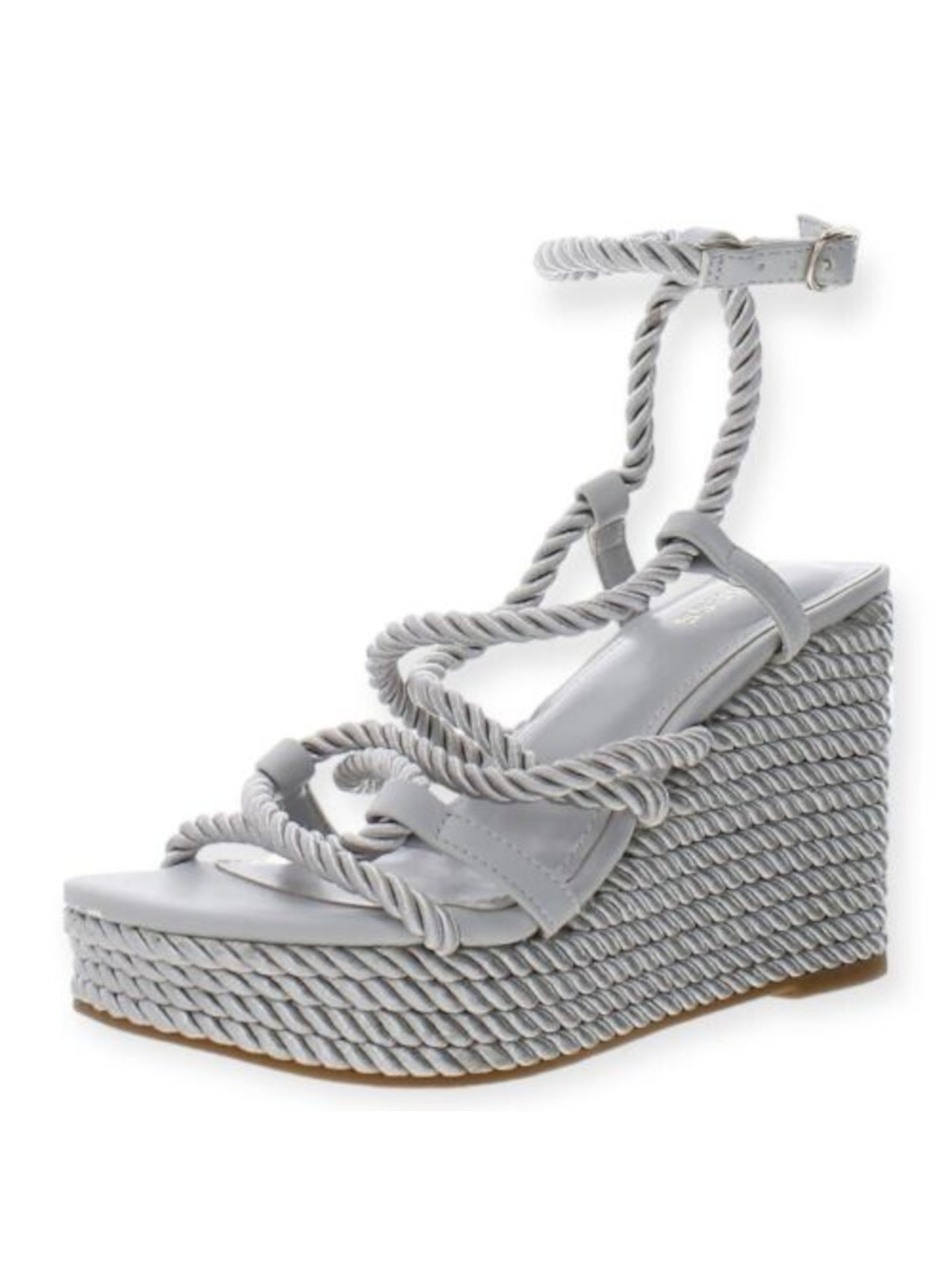 GUESS Womens Gray Textured Rope Wrapped 1" Platform Padded Adjustable Ankle Strap Natesha Round Toe Wedge Buckle Heeled Sandal 9.5 M