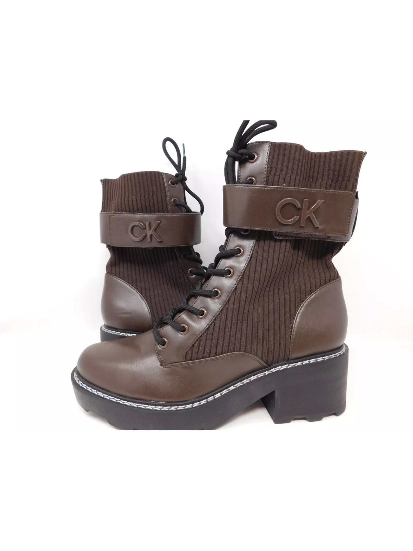 CALVIN KLEIN Womens Brown Mixed Media Hook And Loop Strap Logo Hardware 1" Platform Treaded Stretch Padded Arabel2 Almond Toe Lace-Up Combat Boots 10 M