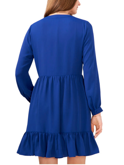 VINCE CAMUTO Womens Blue Gathered Lined Tiered Button Cuffs Pullover Long Sleeve Split Above The Knee Fit + Flare Dress M