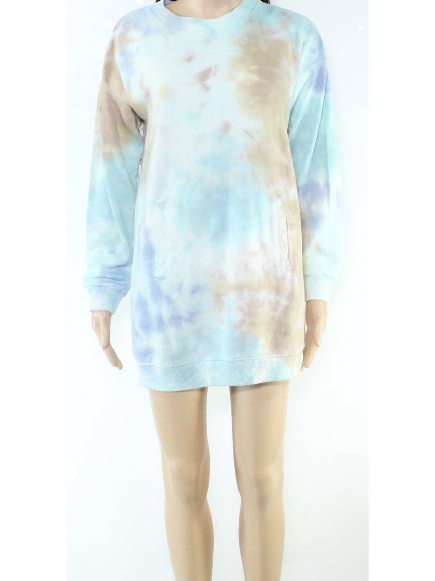 NO COMMENT Womens Light Blue Pocketed Ribbed Cuffs And Hem Tie Dye Long Sleeve Crew Neck Short Shift Dress S