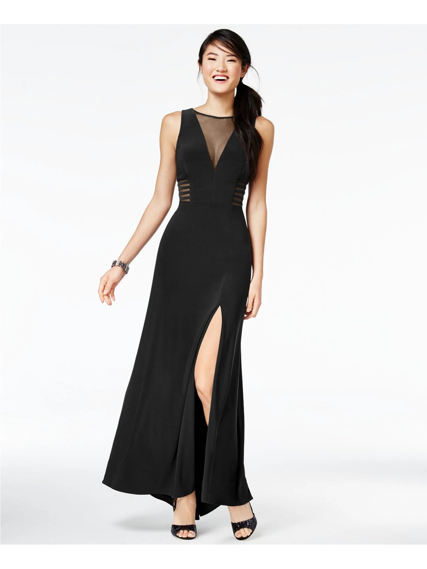 MORGAN & CO Womens Black Sheer Slitted Sleeveless V Neck Full-Length Formal Pencil Dress Juniors 5\6