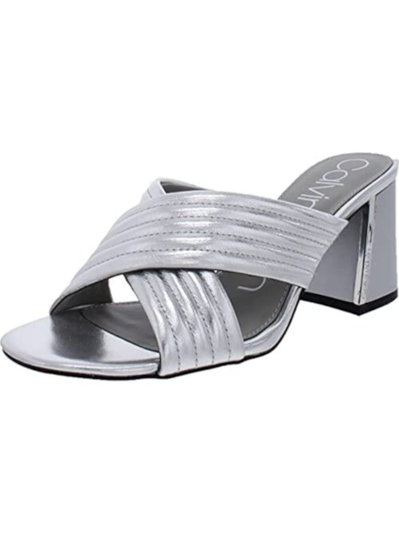 CALVIN KLEIN Womens Silver Logo Metallic Roena Round Toe Flare Slip On Leather Dress Heeled Mules Shoes 8 M