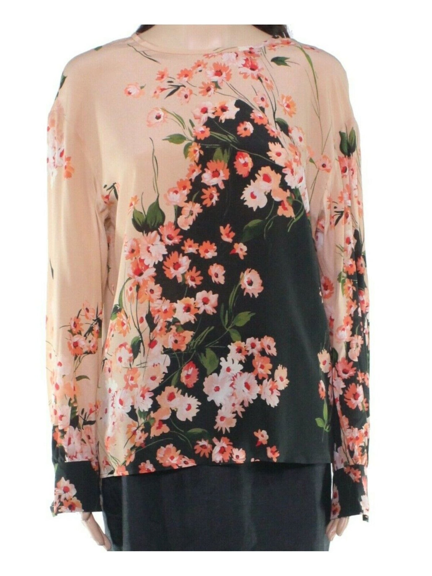 MAXMARA Womens Coral Floral Long Sleeve Jewel Neck Blouse 4