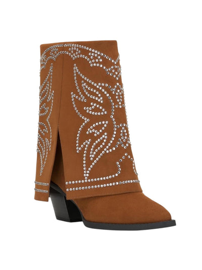 INC Womens Brown Western Rhinestone Fold Over Cuff Padded Jadiza Pointed Toe Flare Zip-Up Western Boot 8.5 M