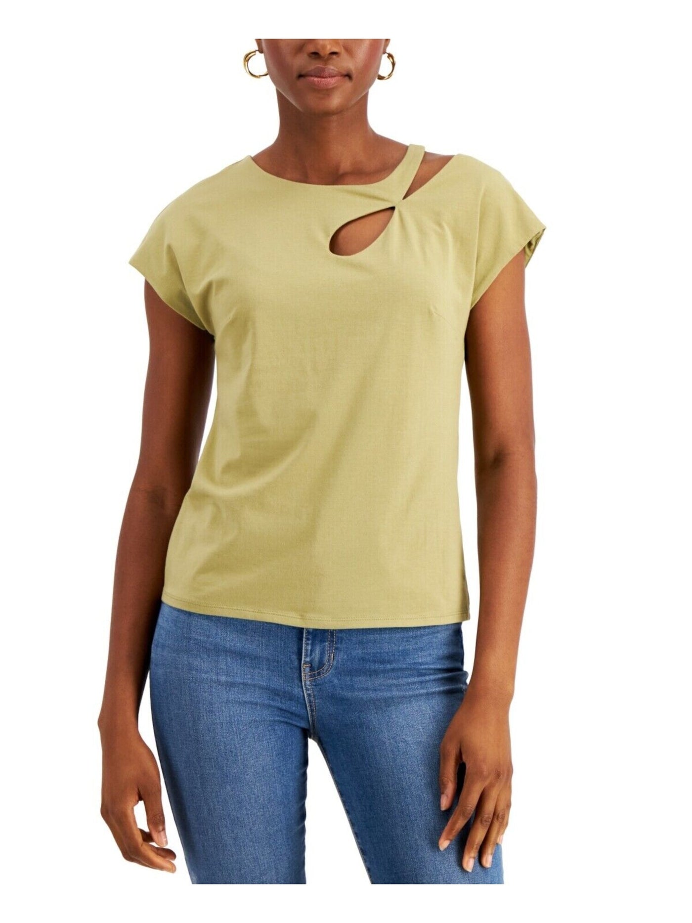 INC Womens Green Stretch Short Sleeve Crew Neck Top XS