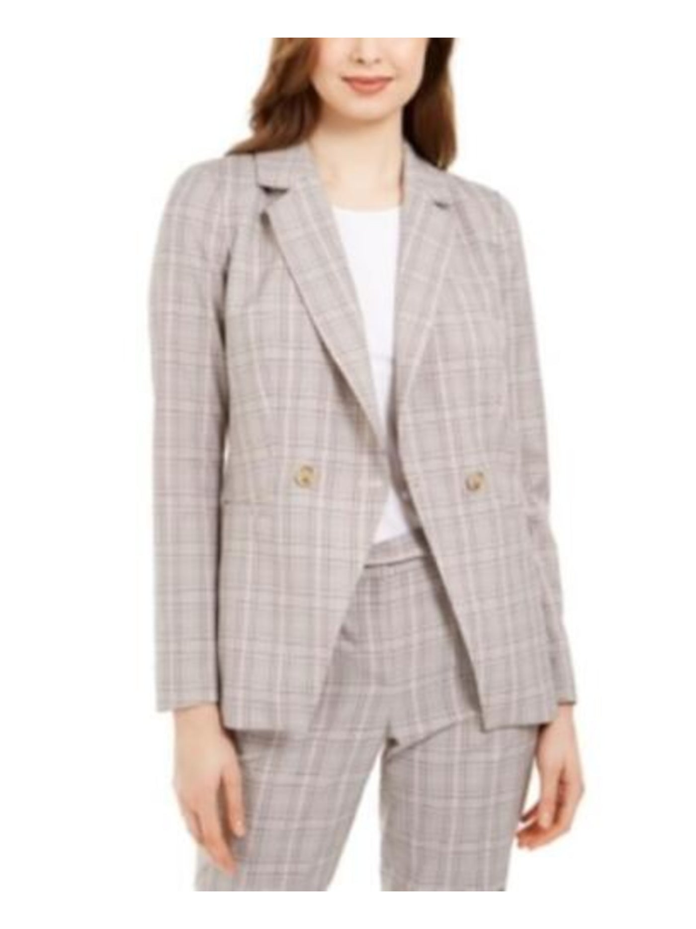 CALVIN KLEIN Womens Gray Pocketed Cutaway Front Double Breasted Plaid Wear To Work Blazer Jacket 0