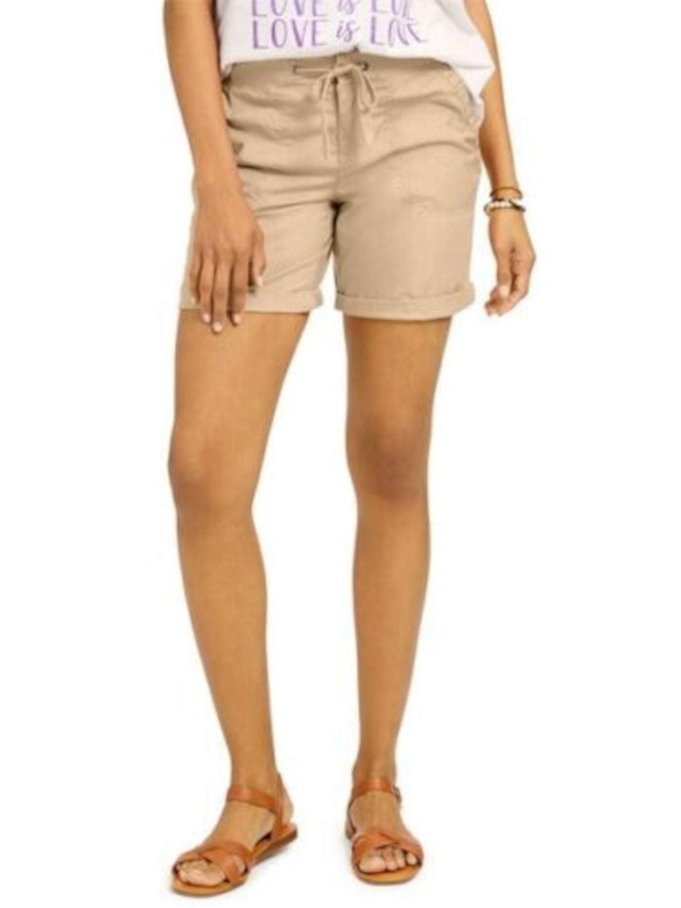 STYLE & COMPANY Womens Beige Stretch Pocketed Zippered Cuffed Tie Mid-rise Bermuda Shorts L