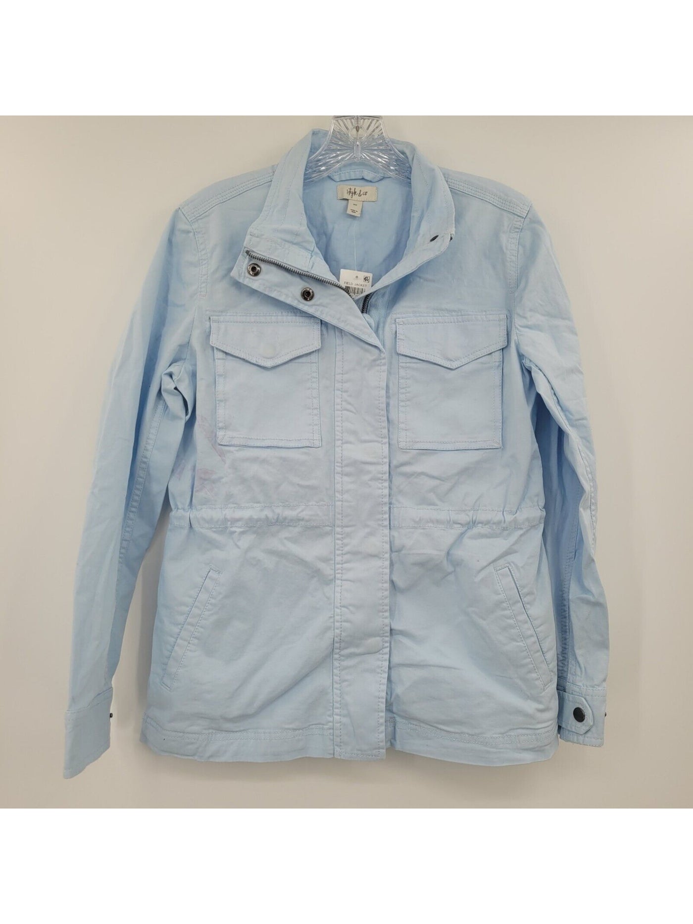 STYLE & COMPANY Womens Light Blue Stretch Pocketed Zippered Utility Twill Cinch Waist Button Down Jacket XXL