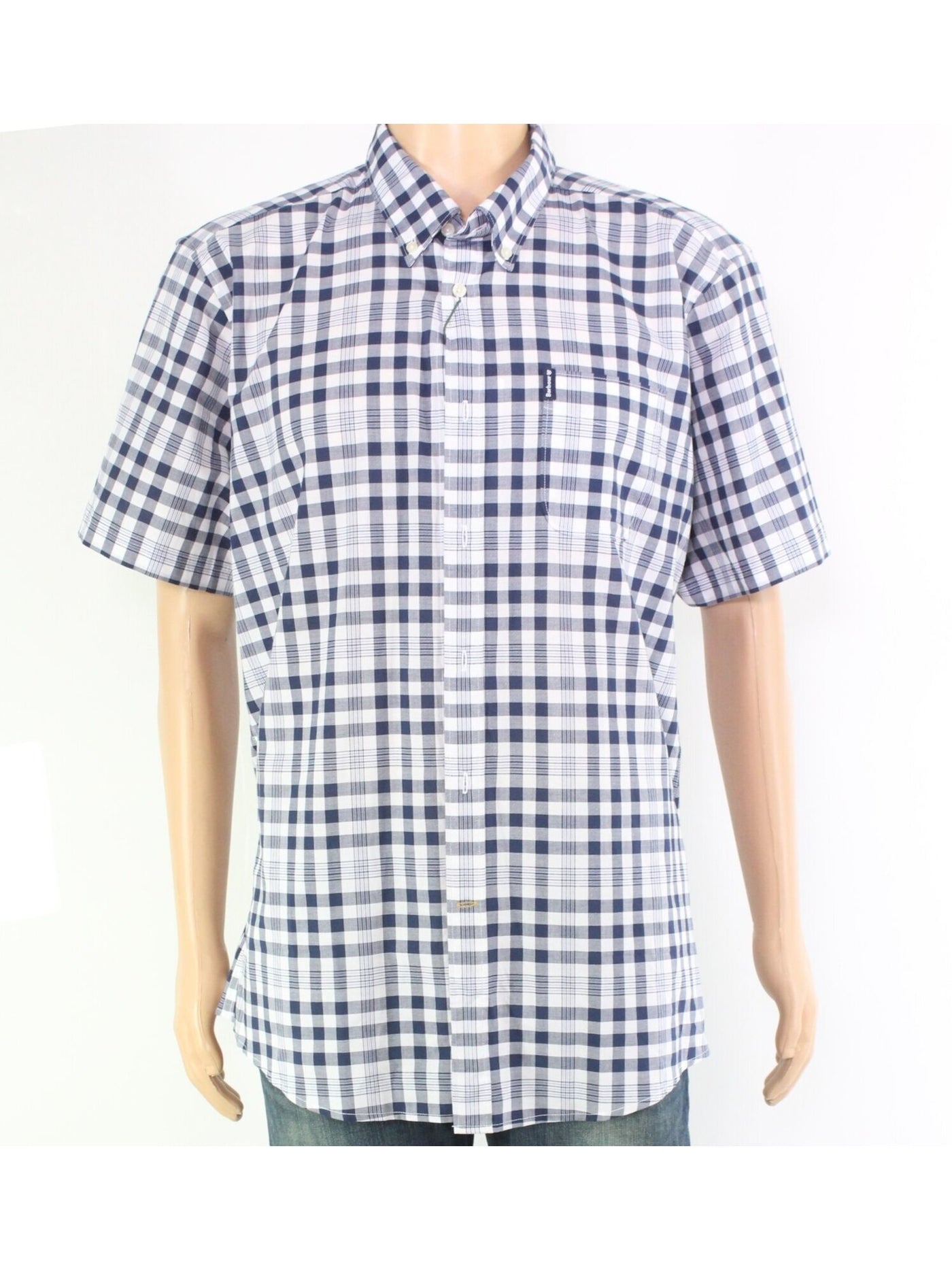 BARBOUR Mens Navy Gingham Short Sleeve Point Collar Button Down Cotton Cotton Shirt XL