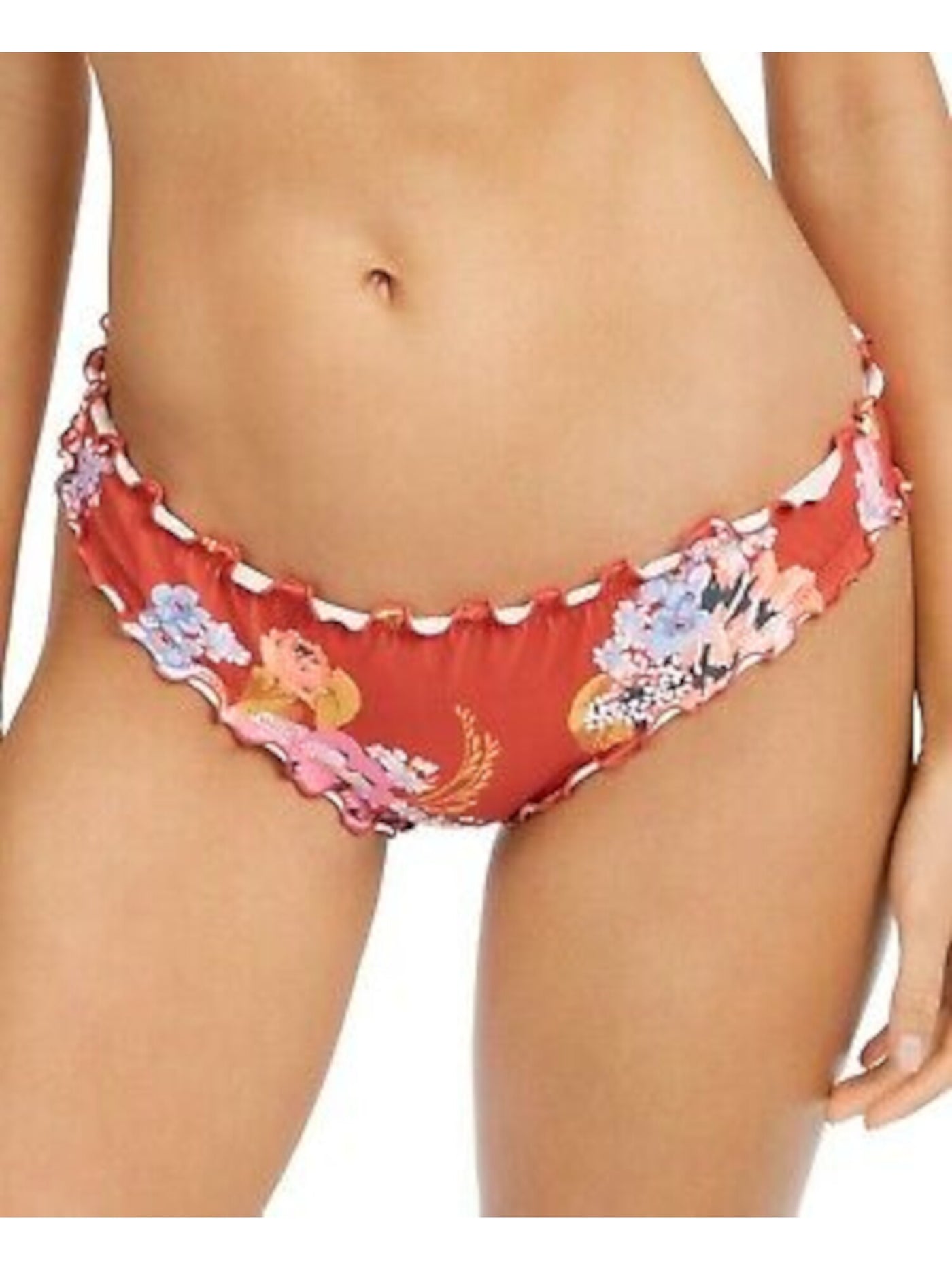 SUNDAZED Women's Orange Floral Stretch Ruffled Lined Moderate Coverage Shirred Bikini Swimsuit Bottom XL