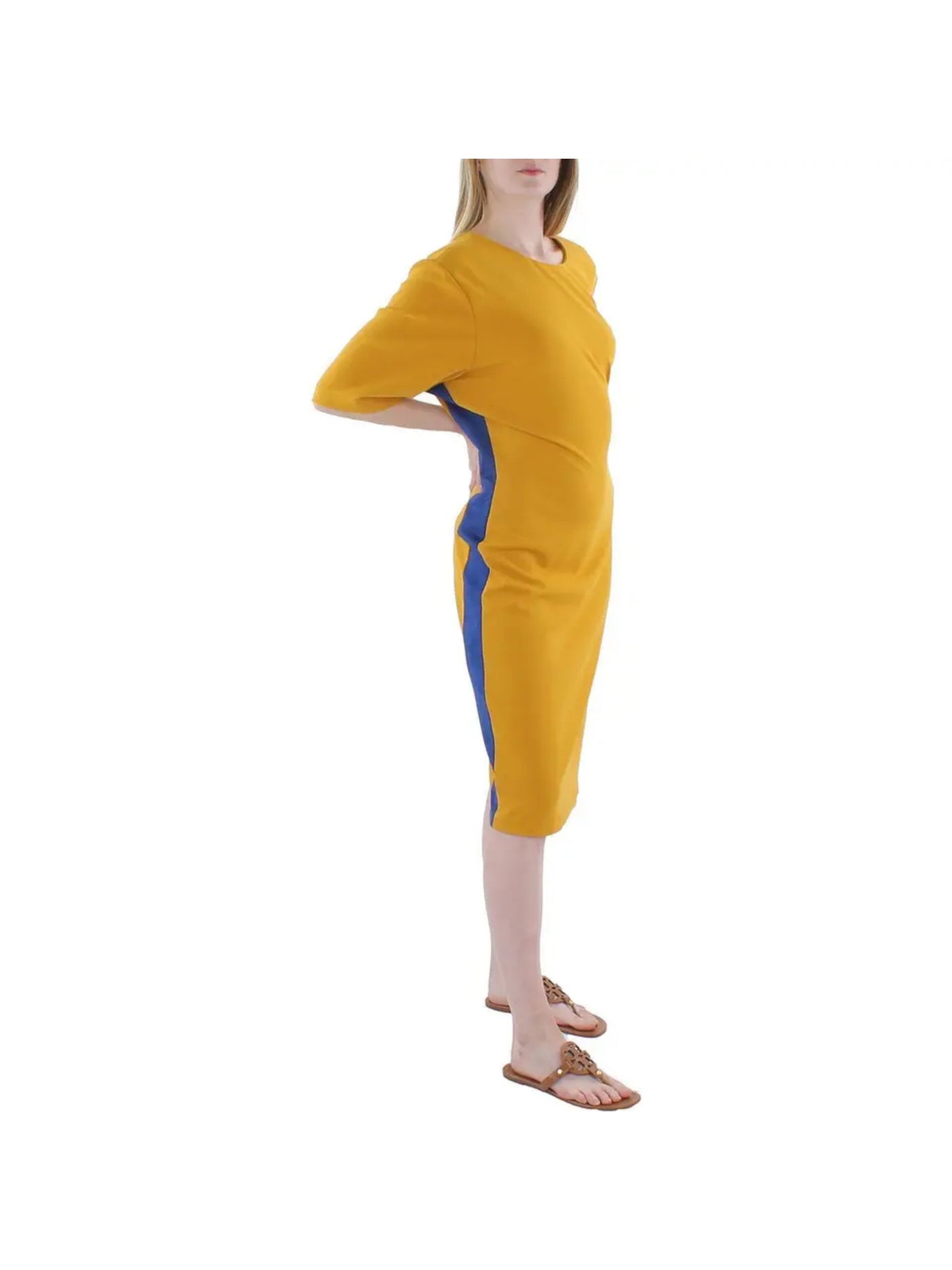 KASPER DRESS Womens Gold Zippered Unlined Color Block Short Sleeve Crew Neck Above The Knee Wear To Work Shift Dress XL