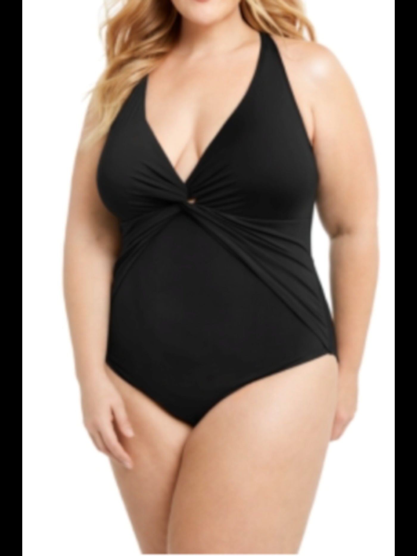 BLEU Women's Black Stretch Twist Front  Lined Deep V Neck Full Coverage Twist & Shout Halter One Piece Swimsuit 20W