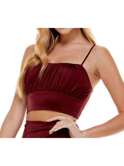 CITY STUDIO Womens Maroon Ruched Zippered Wide Hemline Band Lined Spaghetti Strap Scoop Neck Crop Top Juniors L