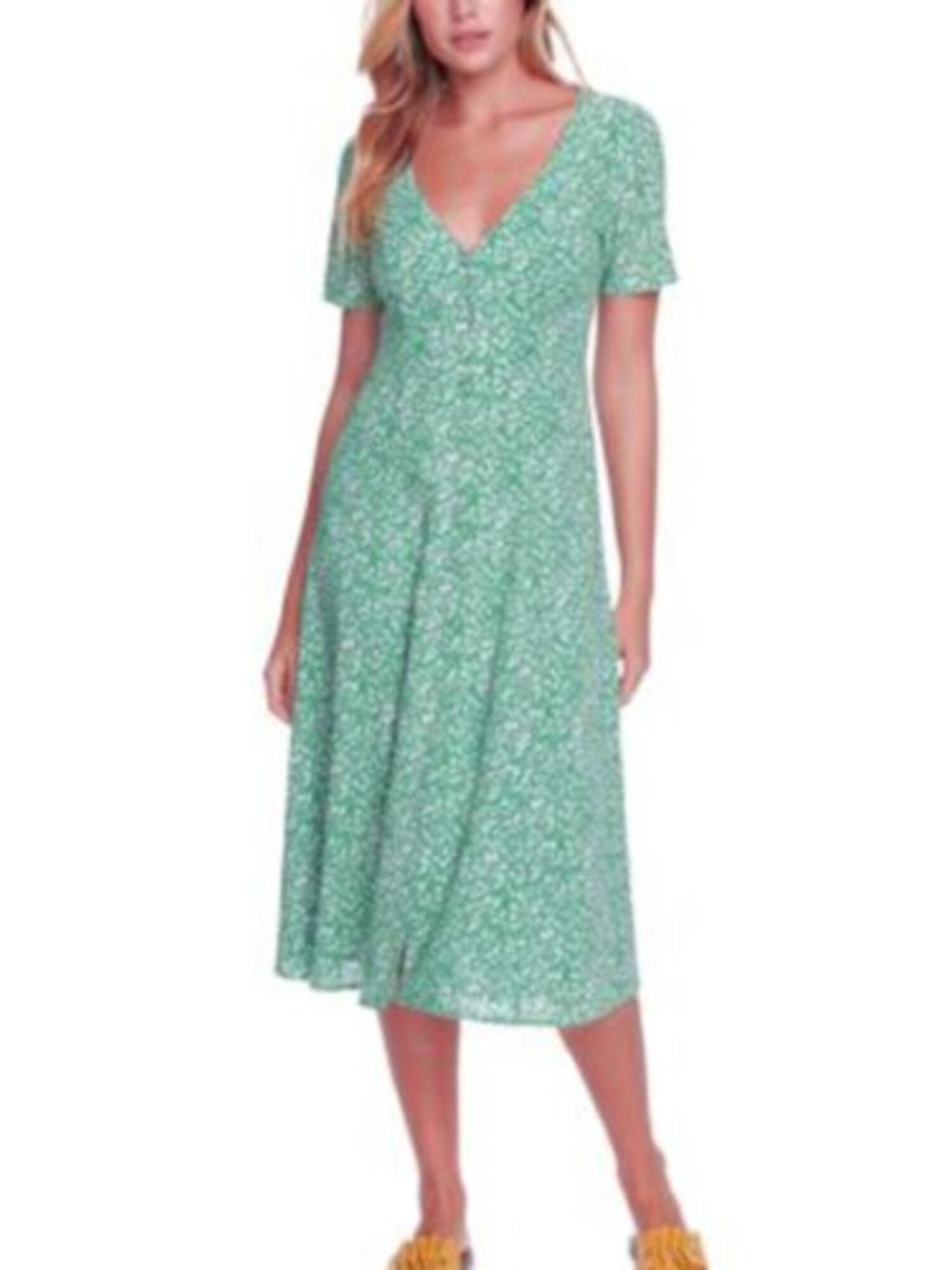 1. STATE Womens Green Tie Floral Short Sleeve V Neck Midi Shift Dress 10