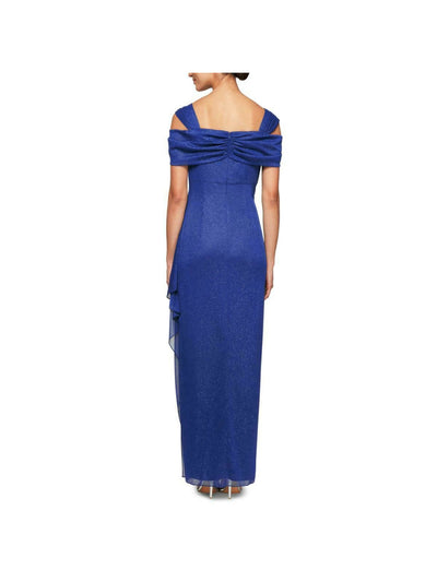ALEX EVENINGS Womens Blue Cold Shoulder Glitter Draped Ruched Ruffled Short Sleeve Maxi Evening Dress 14