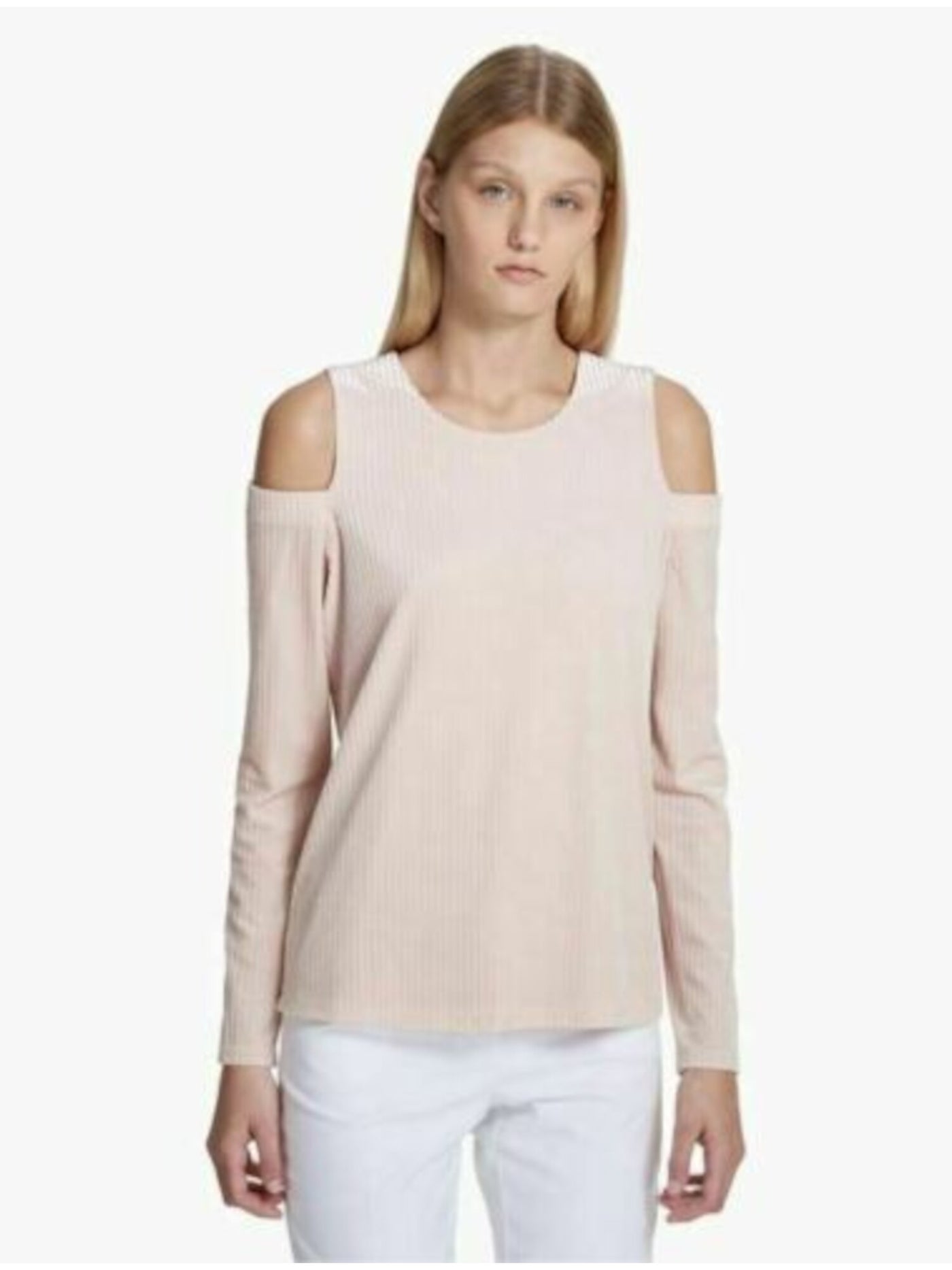 CALVIN KLEIN Womens Pink Cold Shoulder Textured Velvet Long Sleeve Scoop Neck Top S