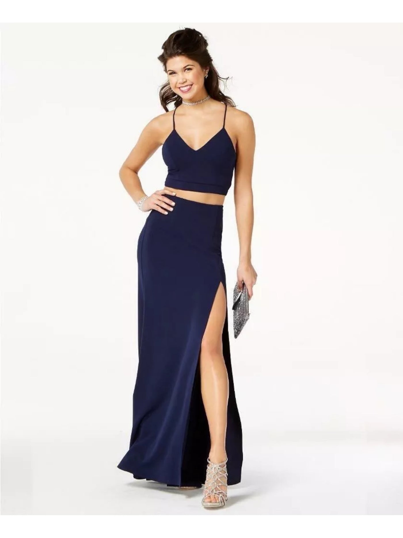 B DARLIN Womens Navy Slitted Zippered Lined Full-Length Evening Gown Skirt Juniors 11\12