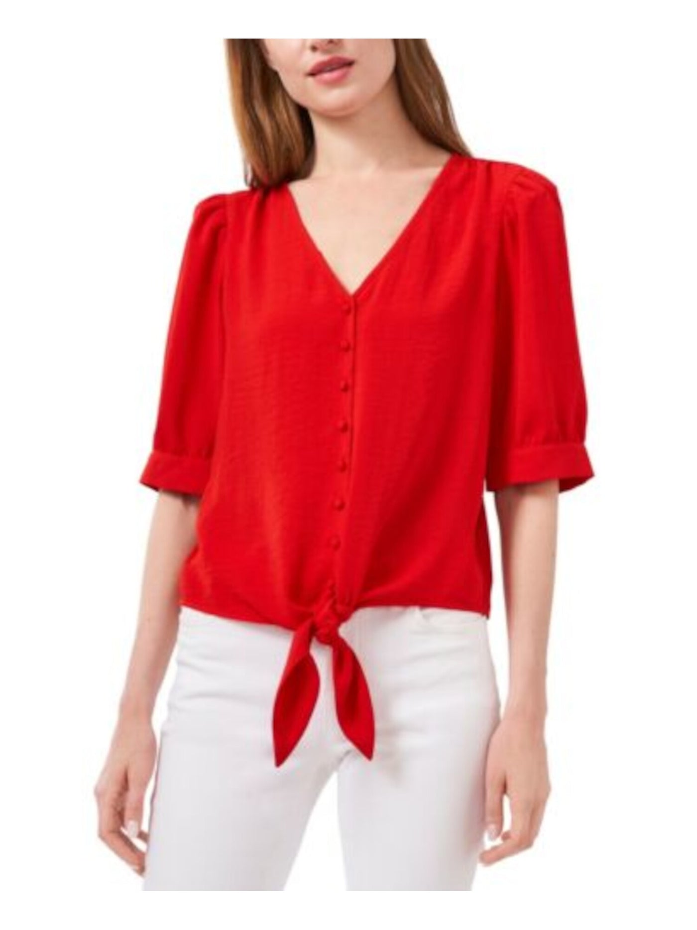 RILEY&RAE Womens Pleated Tie Front Pouf Sleeve V Neck Button Up Top