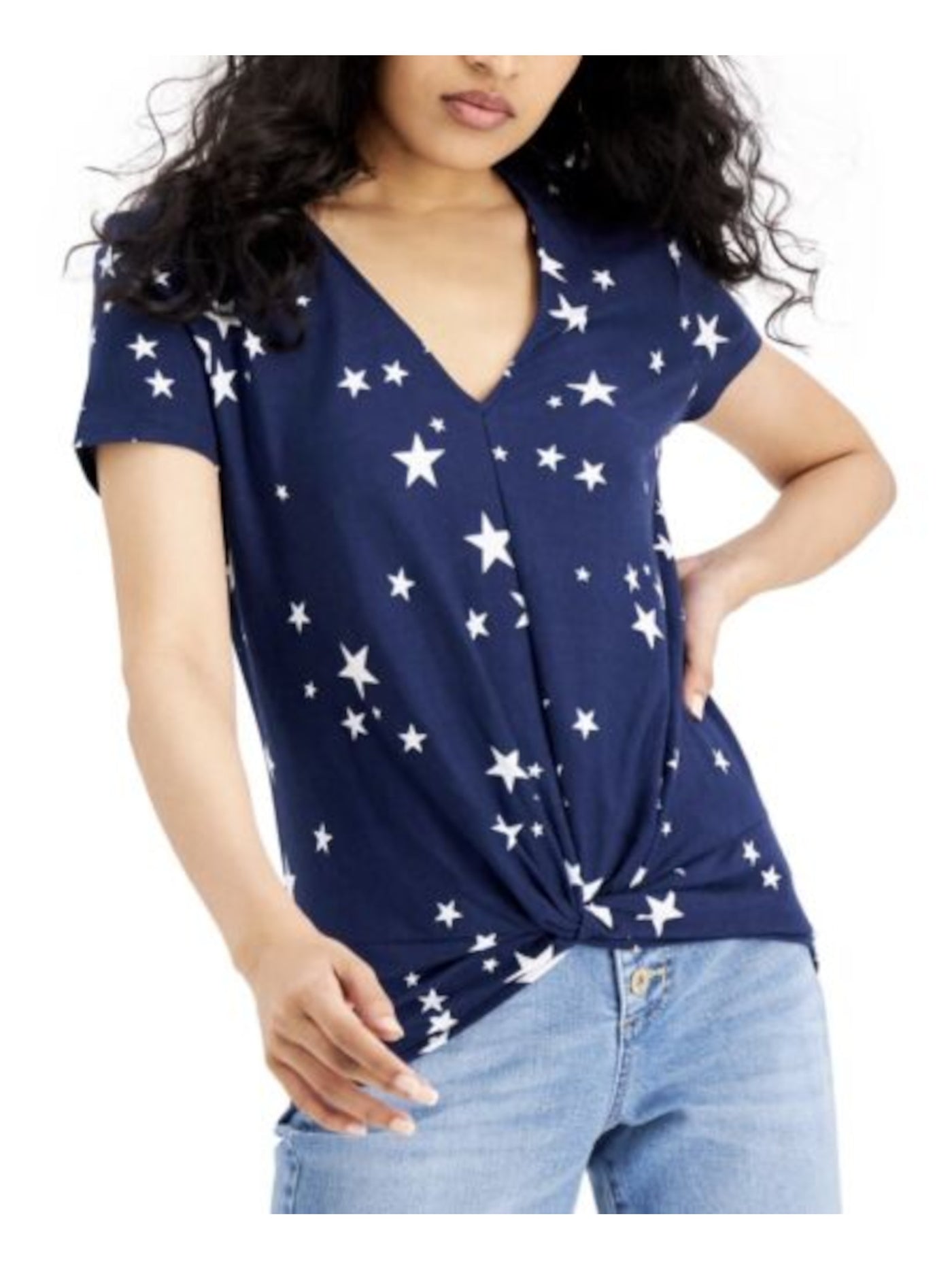 INC Womens Navy Twist Front Pullover Printed Short Sleeve V Neck T-Shirt L