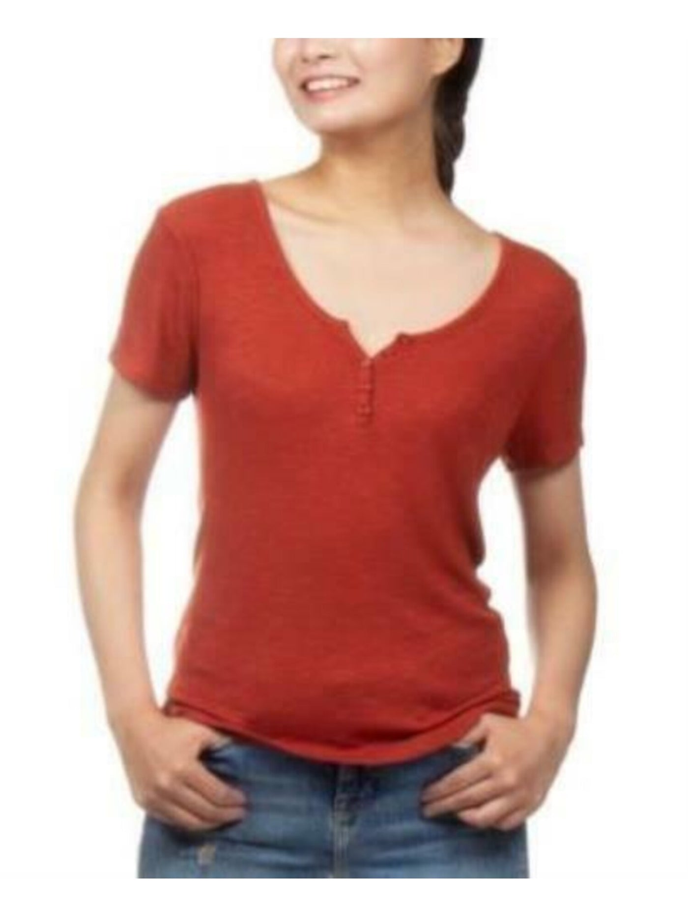 HIPPIE ROSE Womens Orange Stretch Ribbed Henley Short Sleeve V Neck Top XL