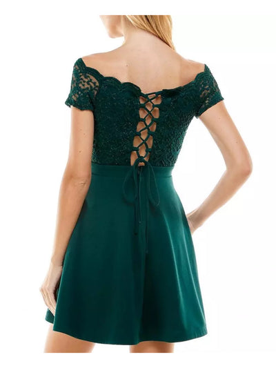 CITY STUDIO Womens Green Scalloped Pocketed Corset-laced Back Zippered Short Sleeve Off Shoulder Short Party Fit + Flare Dress Juniors 9\10
