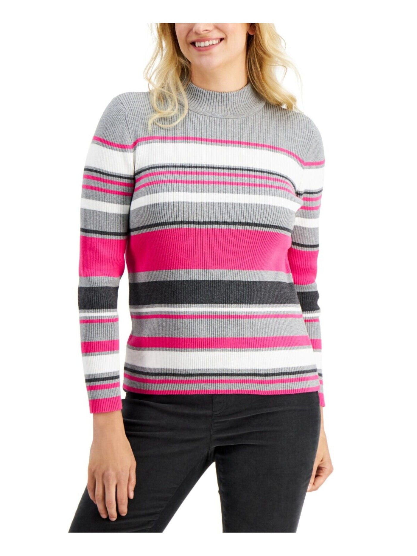 KAREN SCOTT Womens Pink Ribbed Striped Long Sleeve Mock Neck Wear To Work Sweater S