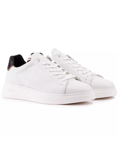 BOSS Mens White Logo Padded Bulton Round Toe Wedge Lace-Up Leather Sneakers Shoes 8