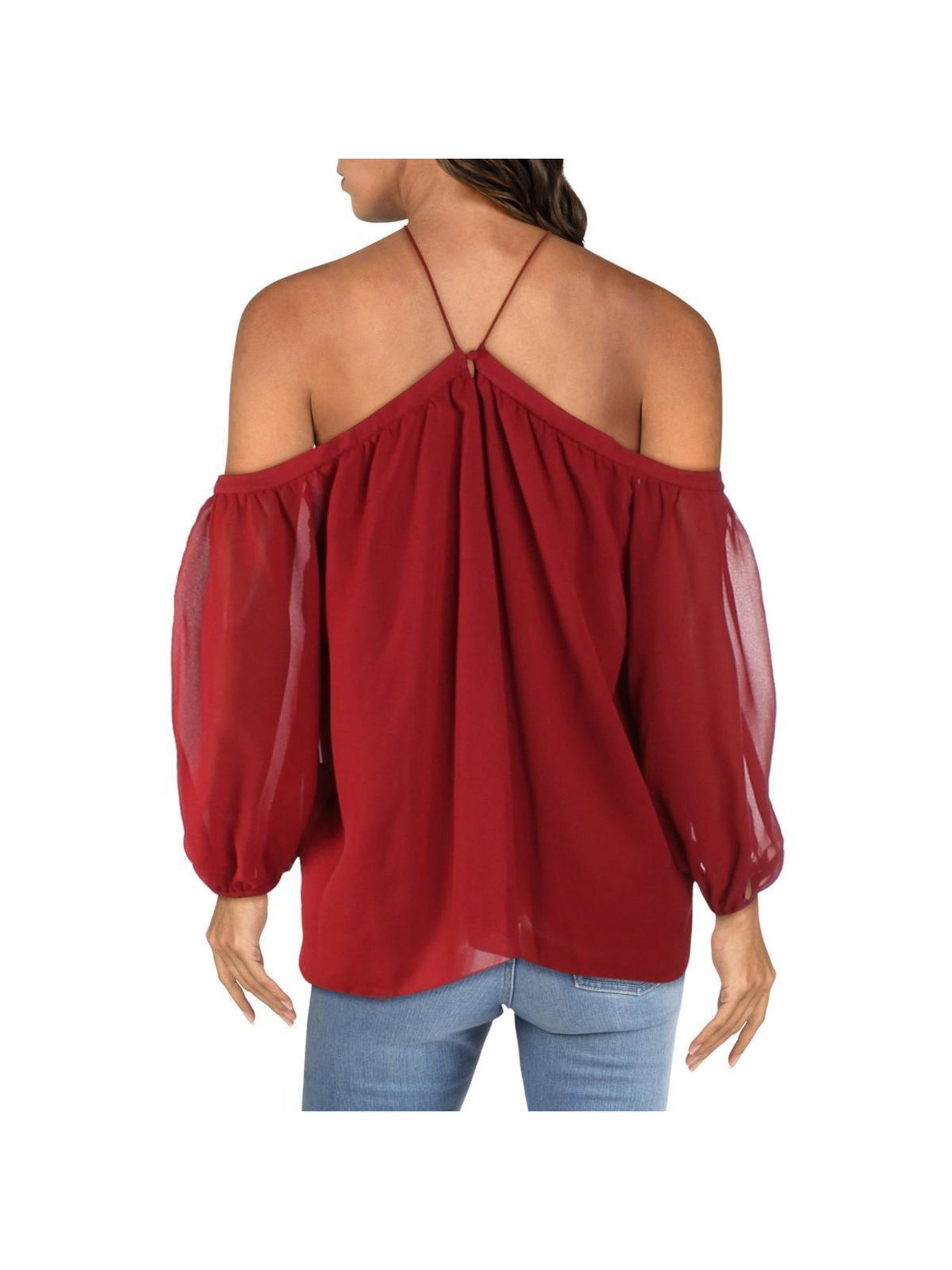 1. STATE Womens Red Cold Shoulder Sheer Keyhole Back Elastic Cuffs 3/4 Sleeve Halter Cocktail Blouse XXS