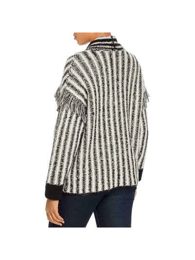 AQUA Womens Black Fringed Striped Open Cardigan Sweater M