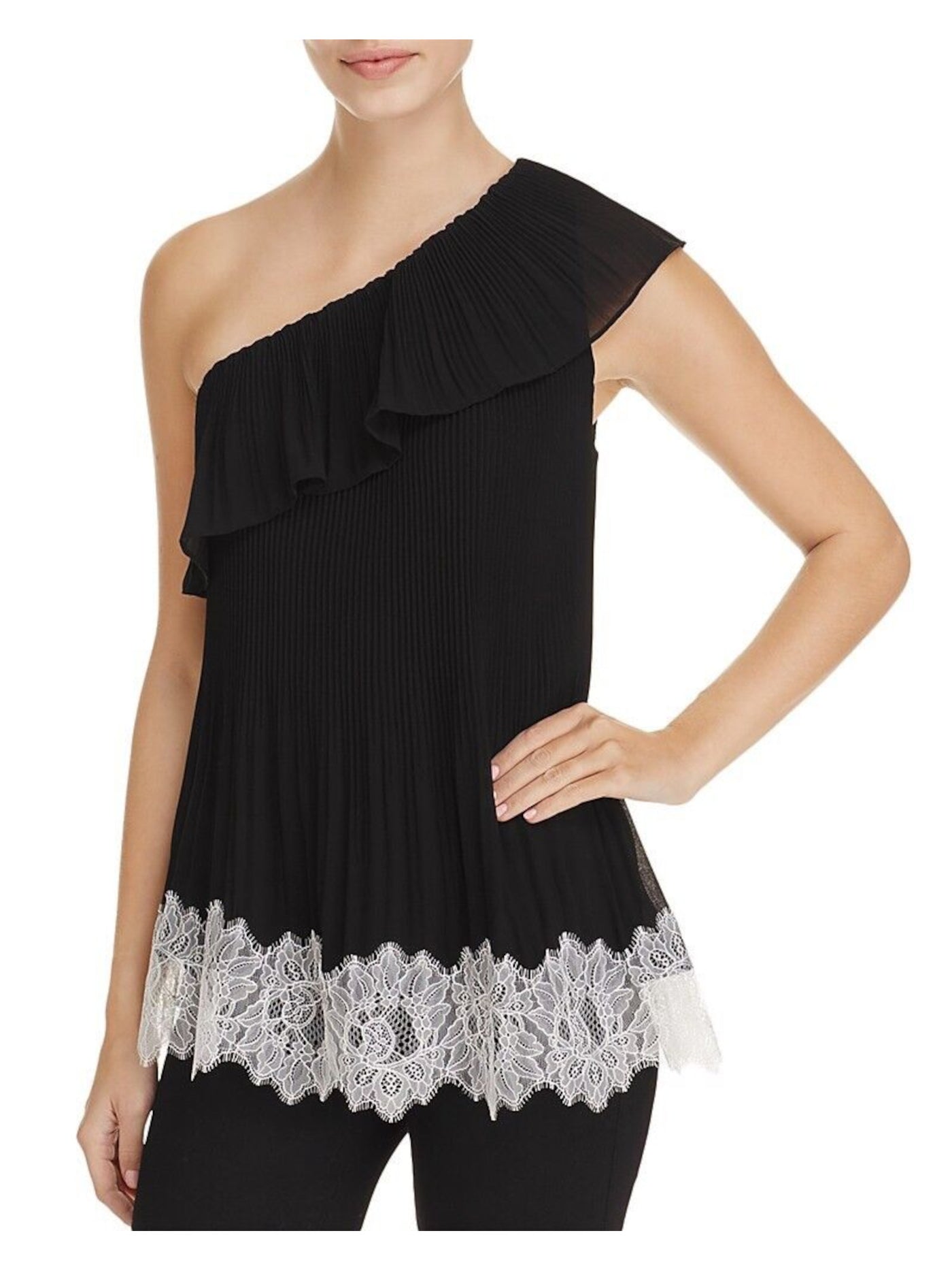 MICHAEL KORS Womens Black Stretch Pleated Lace Hem Lined Sleeveless Asymmetrical Neckline Evening Top Plus 18W